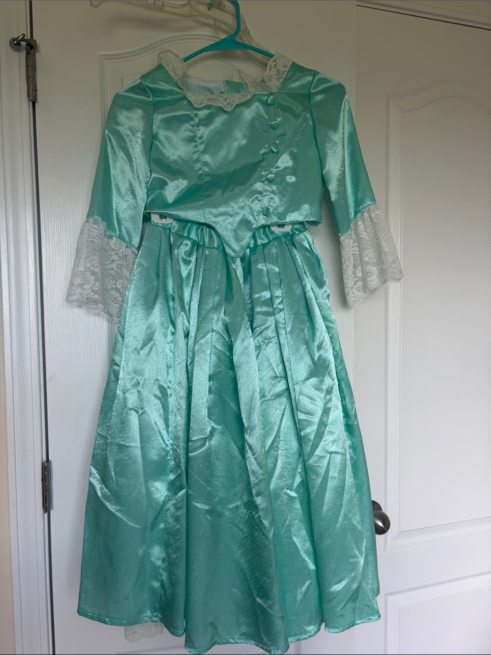 Kids Aqua Satin Lace-Trim Hamilton  Costume Dress